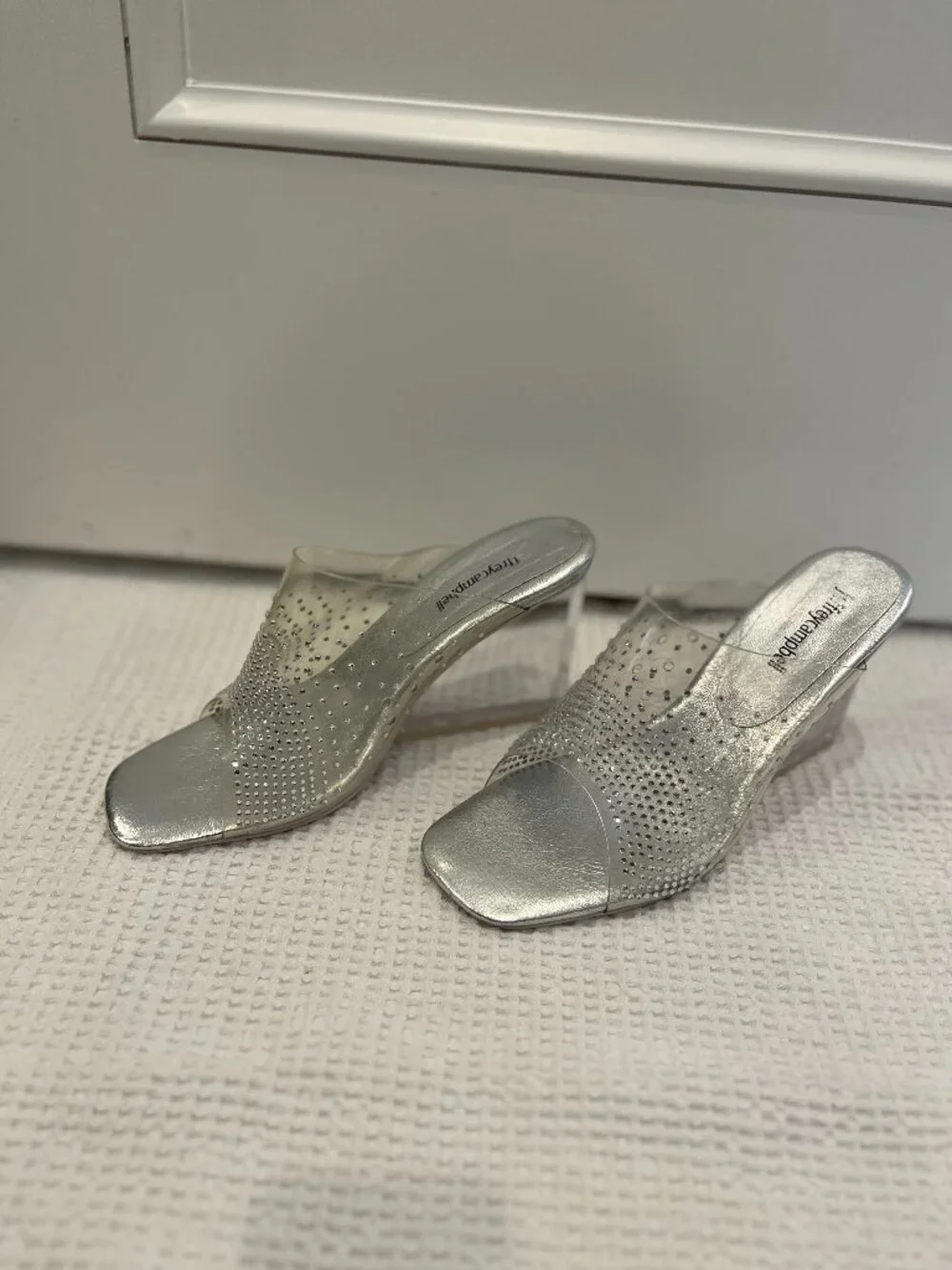 Jeffrey Campbell Lucite and PVC Crystal-Embellished Wedge Mules Size 8.5